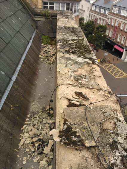 Prior to work commencing on the Sacred Heart Church, repairing stone damage and addition of bird netting