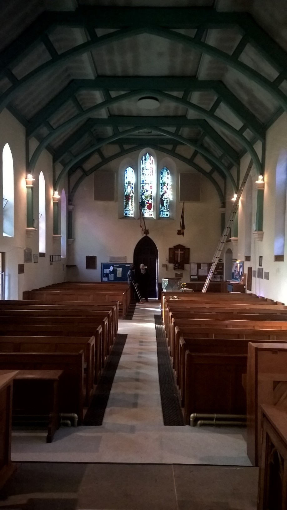 The interior of St John the Baptist church, showing the refurbishment of the interior taking place